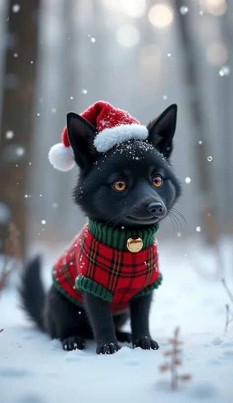 A mini black wolf with Christmas clothes in the snow