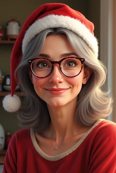 Pretty waist-length mom Noela, with sweet expression, glasses, Christmas cap 