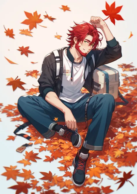  Man representing the God of Autumn .  Put him wearing a sexy outfit showing off his body. Make your skin clear , stylish red hair, Sparse red-haired beard, freckles.  Put on fall leaf effects .  full body .