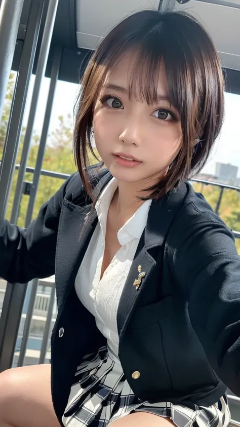 ((masterpiece,  best quality,  high definition ,  Ultra High Definition)),  Japanese High School Girls,(Realistic:1.4)、Excited、Embarrassed、 Amazing Face 、Pointed Mouth、 closes her mouth、Glossy Lips 、 short hair,(Beautiful Hair:1.5)、 high school uniform ,(B...