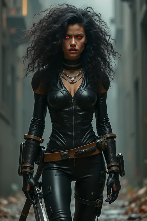  Medium bodied white woman ,  with curly black hair .  Her eyes are red and she is very angry . She wears a booty headset ,  thin leather pants and shirt ,  around her waist she has a sharp sword and several gadgets scattered