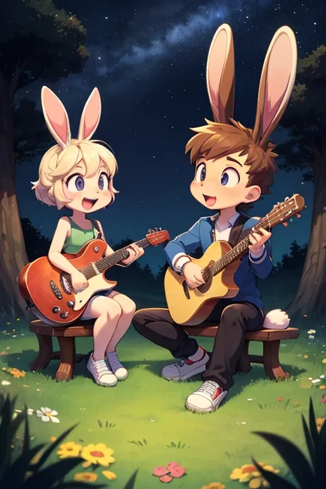 Male human teenager amirhossein ajorloo play guitar singing love for female furry teenager sara rabbit sara rabbit mode love look at male human amirhossein ajorloo sit down in tree strunk glass sky night tiny toons adventure style 