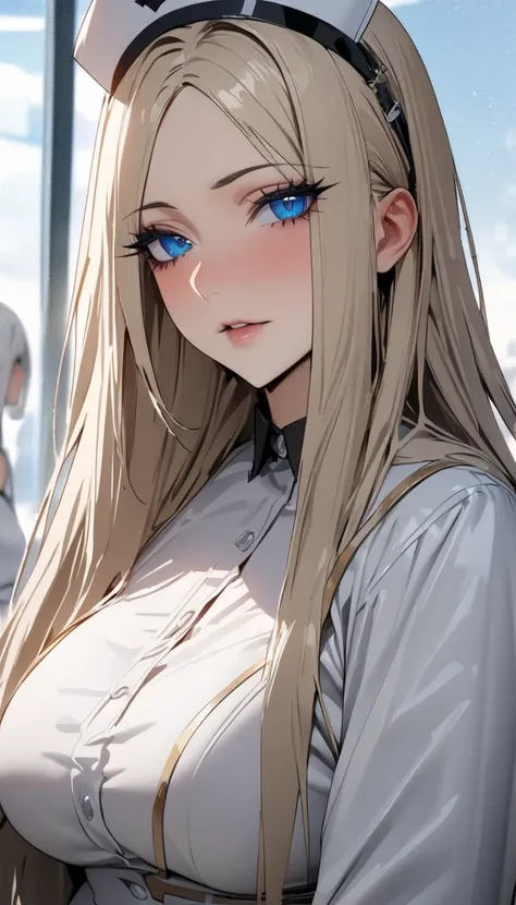 masterpiece , modern, Verism, masterpiece, super detail, best quality, 4K ,((Adult face)), woman,Wearing a white coat,Mature woman アメスク Rubia ojos azules 
Cabello azul, Plano americano, Cabello largo, Senos grandes, Ojos azules,Nurse MMD