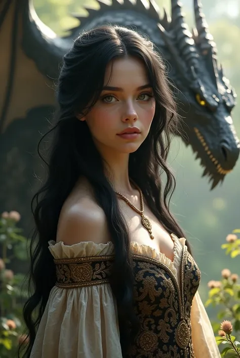 girl in a medieval dress VERY long and wavy black hair very pretty green eyes with a sword in her back and a dragon in the background