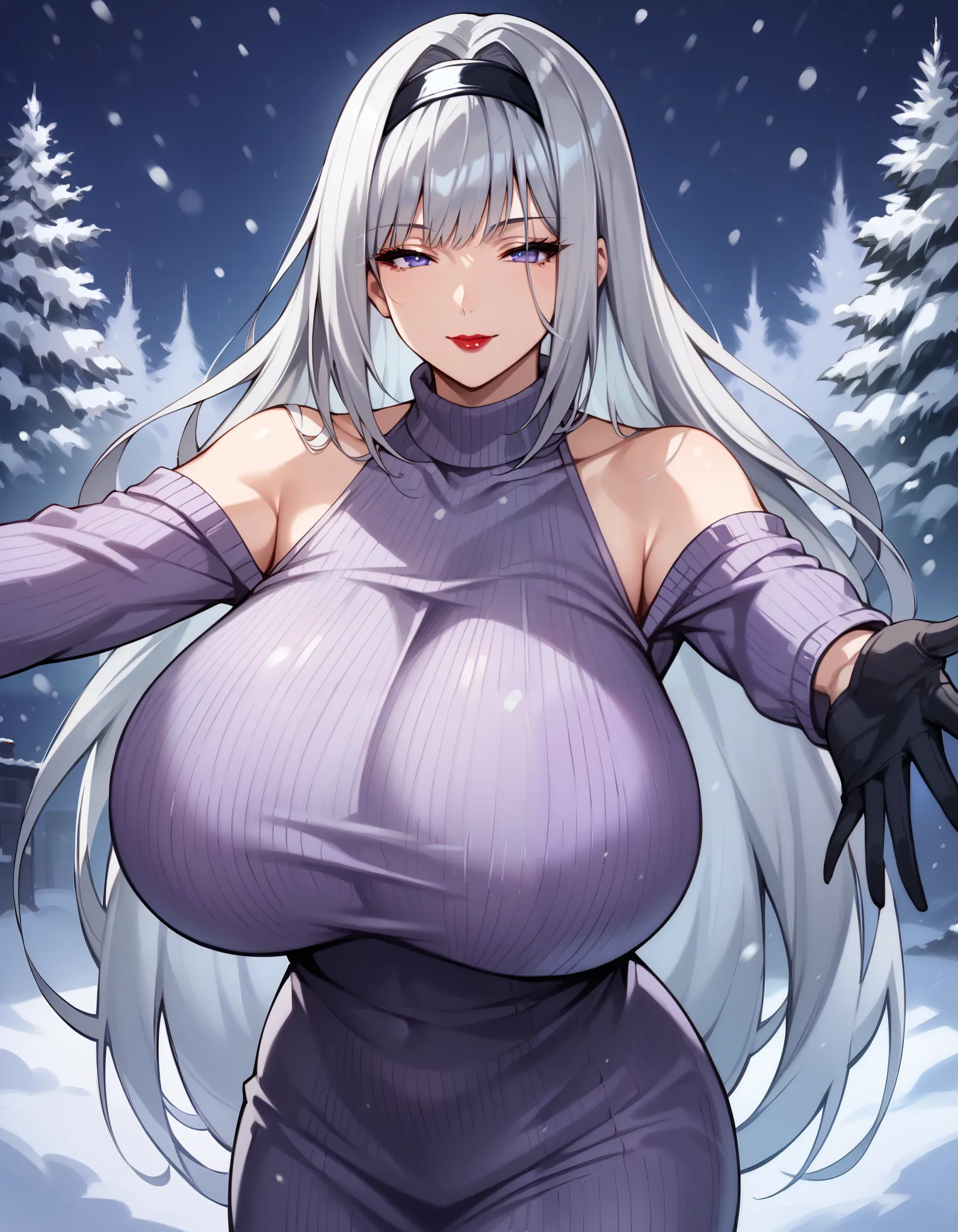 score_9, score_8_up, score_7_up, 1girl, milf, solo, ethel, (huge breasts:1.3), (((silver hair), very long hair, bangs, long side...