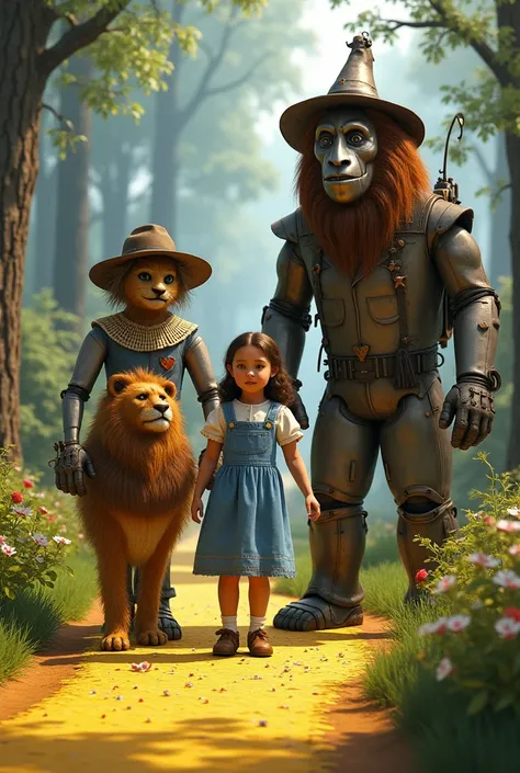 wizard of oz, with Dorothy and the Scarecrow and the Lion and the most realistic and adult tin man 