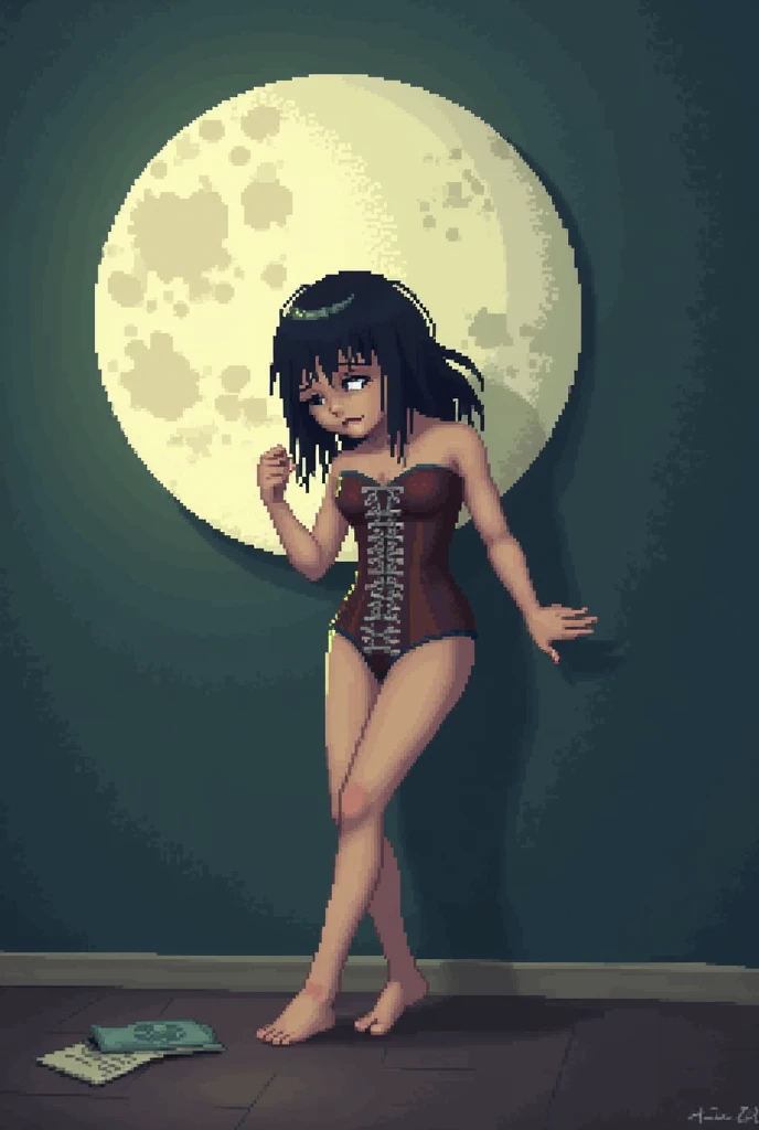 A pixel art image . Where it shows a girl wearing an extremely tight corset and trying to tighten the moon even tighter.  She has a sad and dissatisfied expression . she is in a room