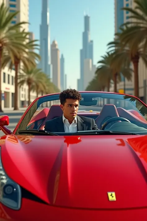 Create a very realistic image of a 33-year-old man with short curly hair and fair skin riding a Ferrary in Dubai,  I want the very realistic image 
