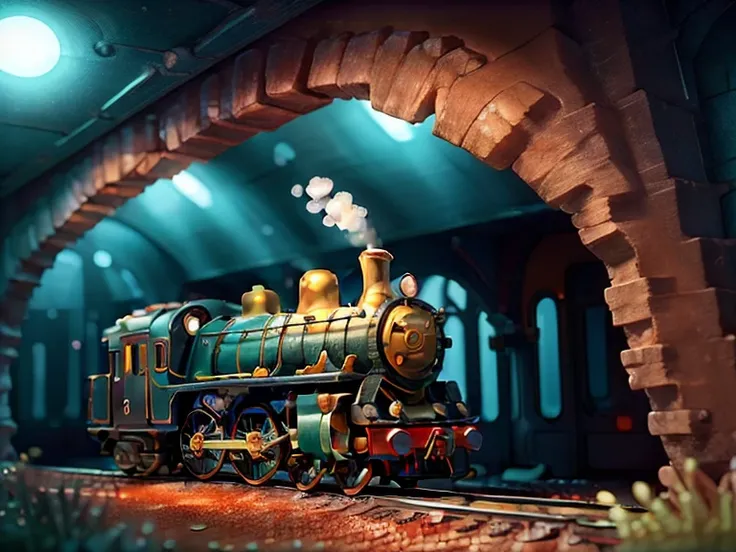 A surreal train traveling through a series of shimmering, dreamlike time tunnels. Each tunnel transforms the trains design, evolving it from a classic steam locomotive into sleek, futuristic shapes. The atmosphere is ethereal, with vivid colors blending in...