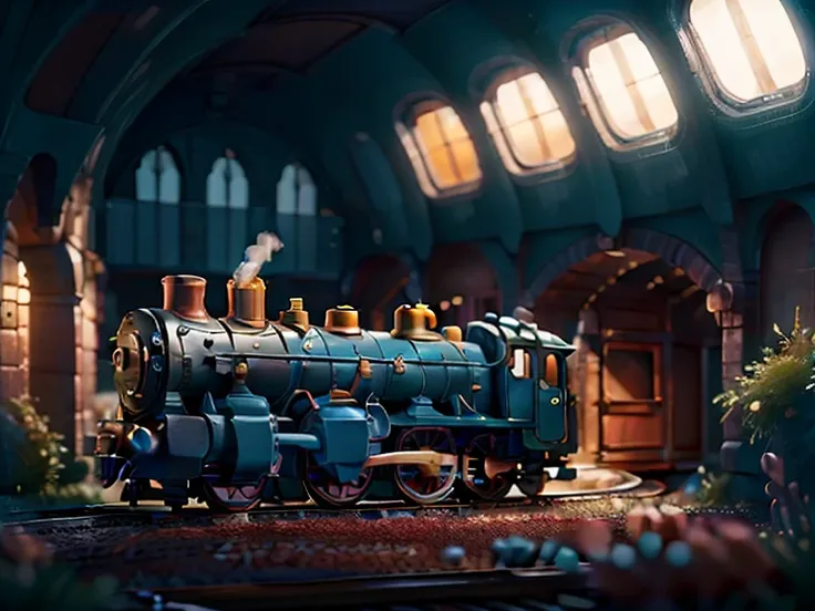 A surreal train traveling through a series of shimmering, dreamlike time tunnels. Each tunnel transforms the trains design, evolving it from a classic steam locomotive into sleek, futuristic shapes. The atmosphere is ethereal, with vivid colors blending in...