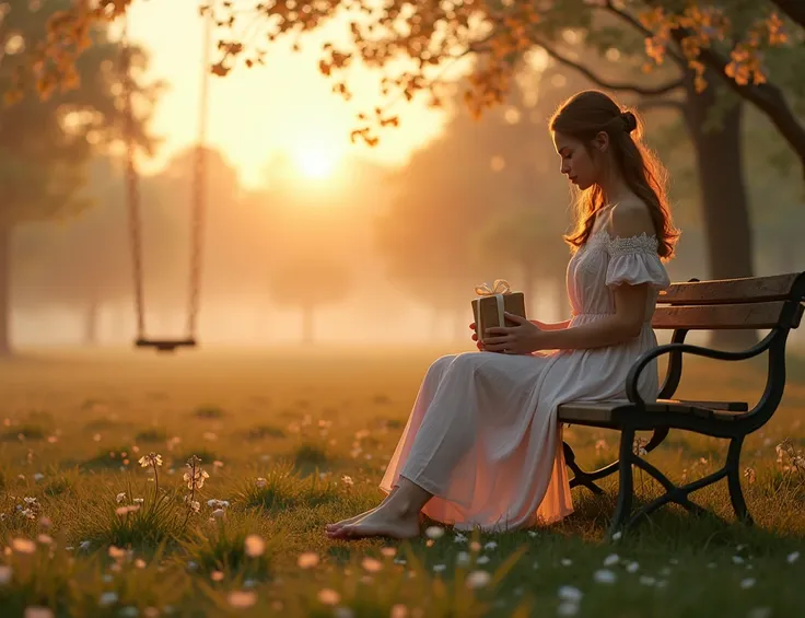 "A young woman sits barefoot on a bench in an old park, holding a small gift in her hands. She is wearing a flowing dress in pastel colors, with lace details. The empty swing in the background sways gently in the wind, and fallen flowers create a natural c...