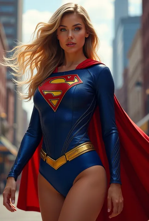 sexy cosplay babe, Melissa Benoist, Tight fitting Blue red and yellow Supergirl Outfit, Micro skirt, blue briefs, flowing hair and cape, welcoming, Cityscape, Photorealistic, high resolution, 8k, photorealistic, hyper detailed, intricate details, dramatic ...