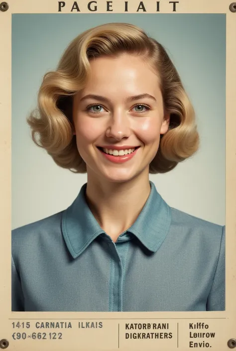 german female secretary, blonde 1950 hair style, smiling, soviet clothing, blue eyes, transparent background, soviet style 60s look, photorealistic passport photo 