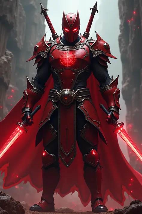  Create a red power ranger with medieval armor , Katana swords in both hands ,  cover in a sinister environment 