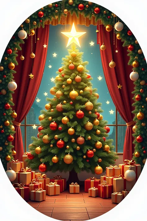 Circular image in png format with garlands, red and gold ribbons, hanging balls in three white and gold with a central tree that has a very bright star of Bethlehem decorated with luxurious golden balls, red, red, green, red, with stars, golden spikes and ...