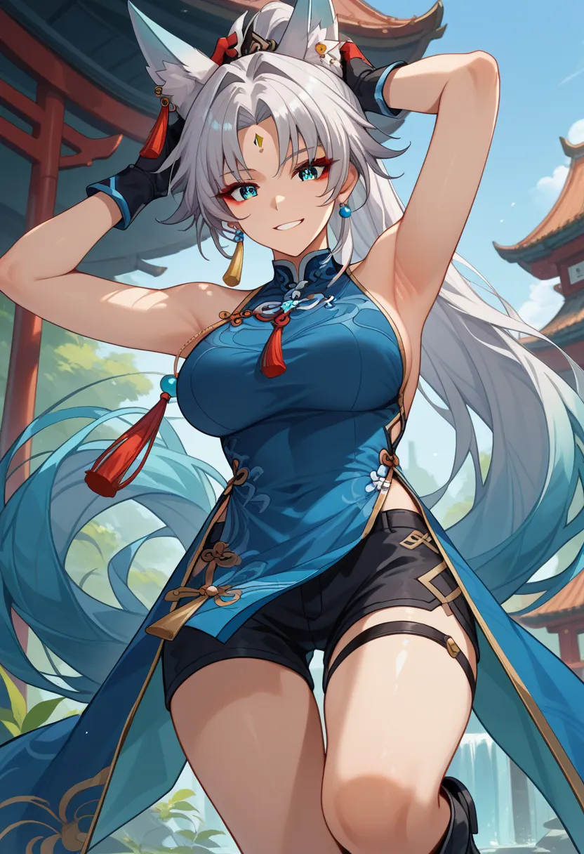 shu_hess_feixiao, feixiao, one person,bust shot,wicked smile, view your viewers, red eyeliner, make, forehead mark,gray hair, ve...