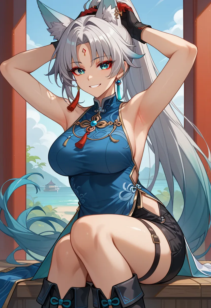 shu_hess_feixiao, feixiao, one person,bust shot,wicked smile, view your viewers, red eyeliner, make, forehead mark,gray hair, ve...