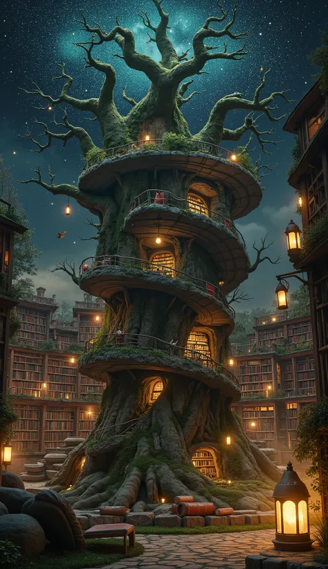 A giant library built inside a colossal tree, with spiral staircases and seemingly endless shelves. Books float in the air, their pages glowing like stars. The ceiling is an enchanted night sky, filled with moving constellations. Winged cats rest on the bo...