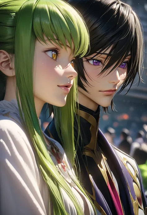 high quality, best quality, 4k, 8k, hyperdetailed, extremely detailed, masterpiece, photorealistic, physically-based rendering, sharp focus, vivid colors, anime, anime couple, man with short black hair, pruple eyes, woman with long green hair, yellow eyes,...