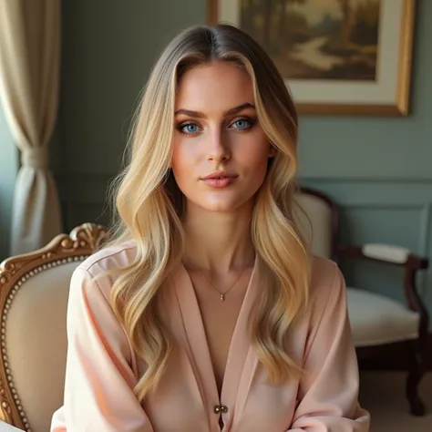 A stunning and realistic portrait of a young woman with long, flowing blonde hair and piercing blue eyes. She has a warm, inviting expression, her flawless skin glowing softly in natural light. She is elegantly dressed in a pastel-colored blouse, sitting i...