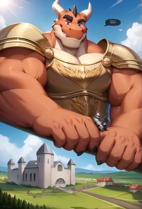 nj5furry, dragon,   beast field   ，pummelig, thick arms，strong muscles，Shorts，Plush   , trägt eine Knights robe  ，chubby face，   black eyebrows ， sky blue eyes ，bart，   friendly smile   ，  sitting on the grass  ,On the stomach, Vati  , (From underneath:1.1...