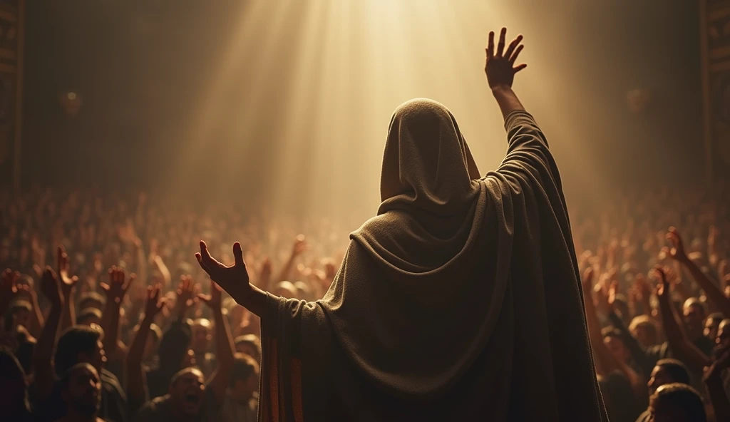 A charismatic figure cloaked in a flowing mantle raises one hand, seemingly performing miracles, as an enraptured crowd looks on. Subtle shadows in the background hint at the deceptive nature of his acts.