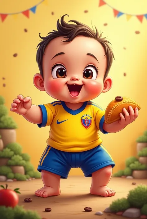 Cartoon image of a baby ,  with the shirt of the Colombian national soccer team,  and an empanada in the hand and a coffee bean in the other hand