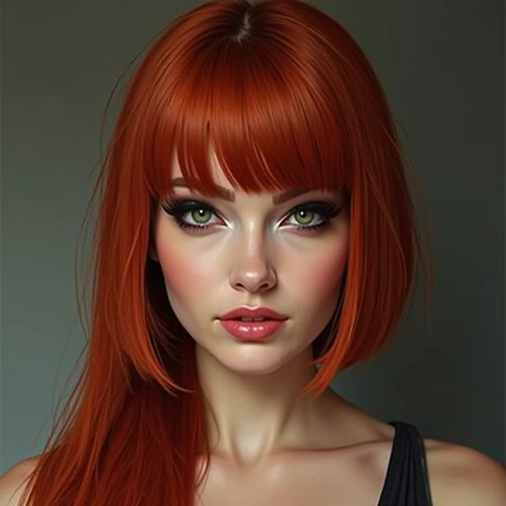  Realistic portrait of a woman, 28 years old, Dark green eyes, long bob ohne pony,  red hair, straight hair, make-up,  distinctive face , big nose, masculine, serious facial expression, thin lips, square face,  masterpiece, 