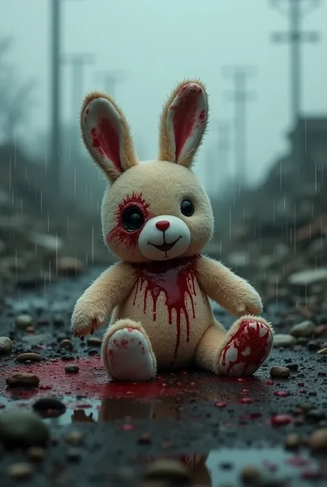  cinematic photograph ,  seen at eye level of a torn and damaged plush rabbit in devastated land,  one of your eyes is missing and has bloodstains on itself ,  rainy weather and dark covered gothic atmosphere everywhere ,  provocative war image by professi...