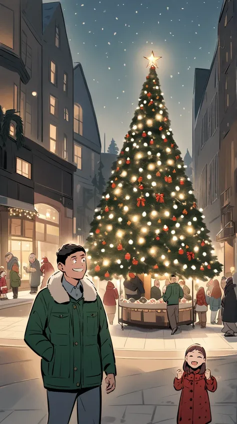 a father,  a mother and a  girl are at a Christmas market ;  the girl points out excitedly a huge Christmas tree ,  lights while the father seems worried and the mother crosses her arms with a smile. Its holiday season ,  they wear casual winter clothes wi...