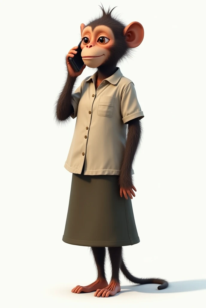 picture of Monkeys mother standing and on the phone . he was wearing a shirt and a skirt. And the background is white  