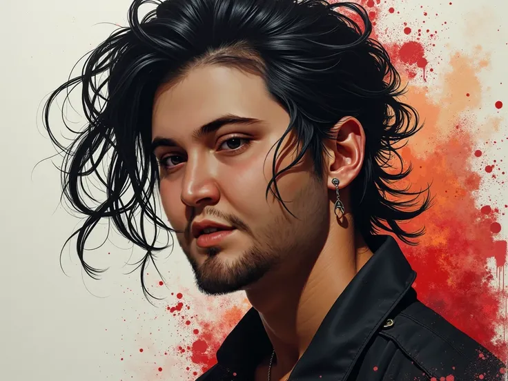  Portrait of a brutal guy with slightly long black hair combed back, painted in Dream Art ,  style, spots and splashes against a background of different colors , , the portrait is picturesquely painted with sweeping strokes of paint 