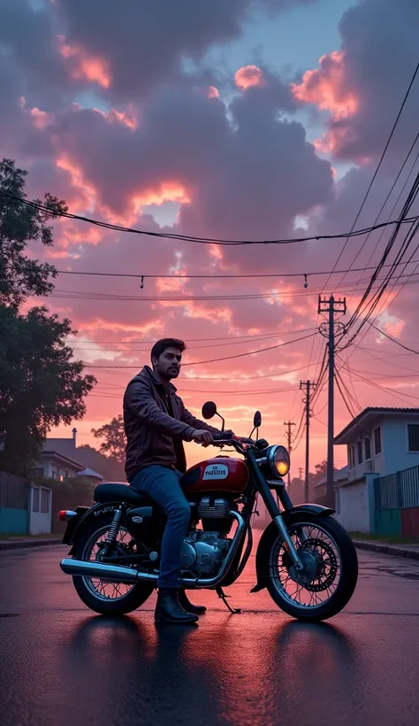 A breathtaking cinematic sunset with dramatic pink, orange, and purple clouds filling the sky, reflecting on a wet road. A man with an adventurous demeanor sits casually on a classic Royal Enfield motorcycle, wearing a rugged leather jacket and jeans, with...