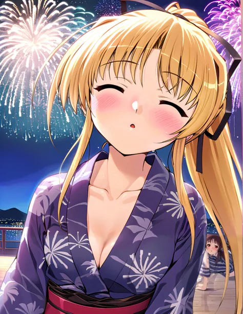 cynthia marguerite, (face focus:1.2), (superior半身), blonde hair, red eyes, ponytail, long hair, hair ribbon, ( small breasts), ( cleavage:1.1), (yukata:1.2), (Red cheeks:1.2), ( is fascinated:1.2), (incoming kiss), (closed eyes:1.2), (Fireworks), (night:1....