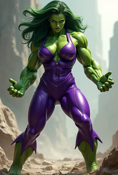 She Hulk pose de luta  com uniforme 
roxo