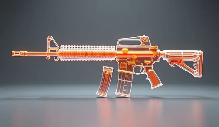 Create an 8K hyper-realistic image of an M4A1 rifle, where the entire exterior is fully transparent, and all internal components are rendered in a distinct neon orange color. The rifle should be an exact 1:1 representation of a classic M4A1, maintaining th...