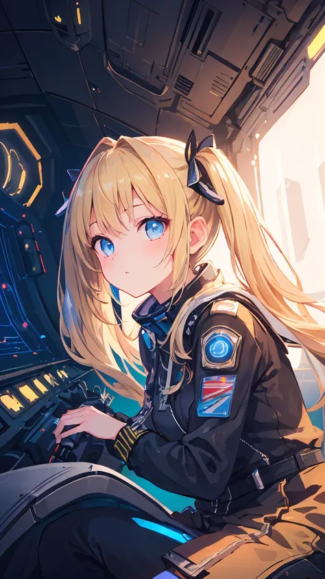 Masterpiece, beautifully detailed eyes,
stunning 4K artwork,
1 girl,
blonde hair, twin tails,
blue eyes,
ultra-realistic, (photorealistic:1.3), RAW photo, professional photography, cinematic lighting, realistic portrait, inside spaceship, sitting in cockpi...