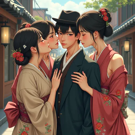 (masterpiece,  High Quality ,8K wallpaper),( 4 Beautiful Taisho Era Female Students 、 Seduce 1 Young Student Boy :50.0),( The Hairstyles of the 4 Beautiful Taisho Era Female Students Wear Ground Cover :50.0),( 4 Beautiful Taisho Era Female Students Caress ...