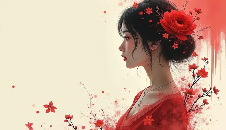 illustration anime, cinematic poster,1 women facing to the left of canvas, red ink brush splash effect goes to the right side, portrait, flora theme