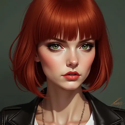  Realistic portrait of a woman, 30 years old, Dark green eyes, long bob ohne pony,  red hair, straight hair, make-up,  distinctive face , big nose, masculine, serious facial expression, thin lips, square face,  masterpiece,  best quality ,  high resolution...