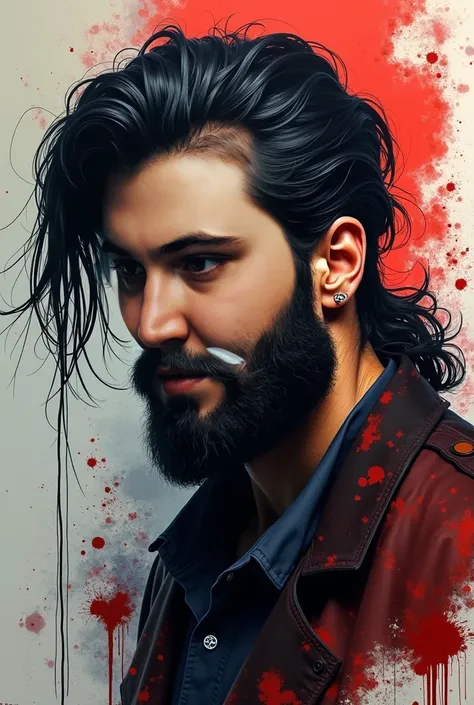  Portrait of a brutal guy with slightly long black hair combed back, black short beard, painted in Dream Art ,  style, spots and splashes against a background of different colors , , the portrait is picturesquely painted with sweeping strokes of paint 