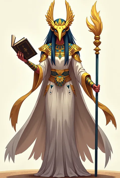  generates the image of an Egyptian god in an anime style , The image must be full body and have no background ,  he is wearing an ibis mask with a book and a staff