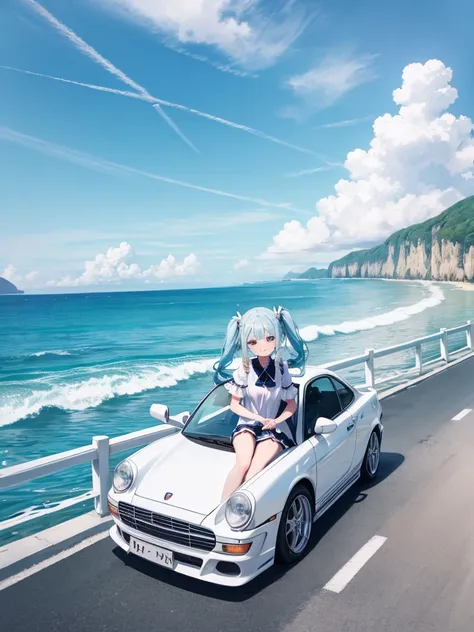  driving a white Porsche along the sea、 long blue hair 、  Beautiful Girl with Twin Tails 、Picture of water splashing 、 blue sky、Baiyun、 bright smile、Seaside scenery