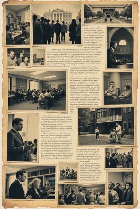  A collage of photographs from different universities , with a vintage aesthetic .  Accompany with a student manifesto from the 60s