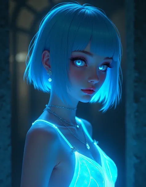 A lofi girl with striking blue hair, intricate features, piercing eyes, and glowing skin. posing in modern style, She wears a radiant blue strap dress, adorned with delicate jewelry, standing in a dimly lit dungeon, bathed in soft, ethereal light, by amrit...