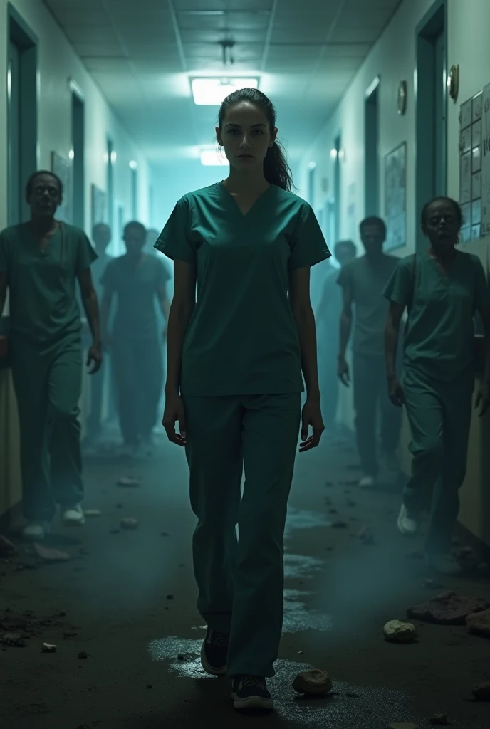 Create an image of a woman in hospital clothes 
Modern on a night in the midst of the Zombie Apocalypse.
 Also write the name  "Zombie Night "