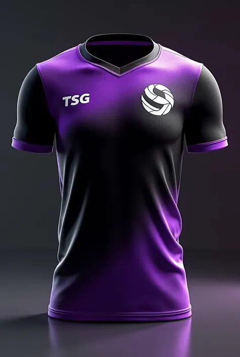 Black volleyball jersey with purple gradient with a volleyball logo on it and the name TSG Elite