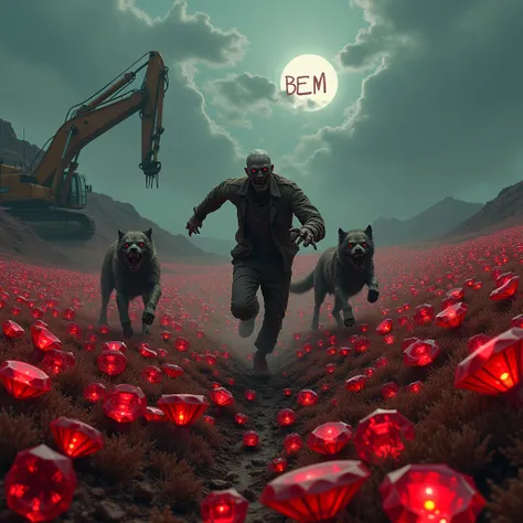  A cool zombie runs away from a horde of demons dogs across a field full of red diamonds and there is a huge excavator standing in the field. The word BEM is in the sky