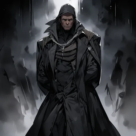 wizard man, between 15 and ,  dressed in a black leather trench coat that goes up to the neck .  The trench coat is adjusted with several straps from the torso to the end of the abdomen, remaining completely closed. Black pants and boots that go down to th...