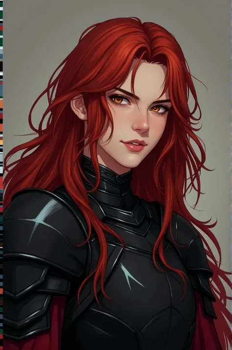 Creating a handsome man who is not effeminate, with neutral , that looks natural, young, wicked, with well-defined amber eye features,  long crimson hair with completely black armor , Wattpad-style fanart version